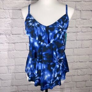 NWT AquaGreen Women's Blue & Black Ruffled Tankini Swim Bikini Top White Small